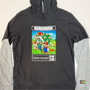 Super Mario Hoodie Youth Black Graphic Pullover Nintendo Bowser Yoshi Size YL